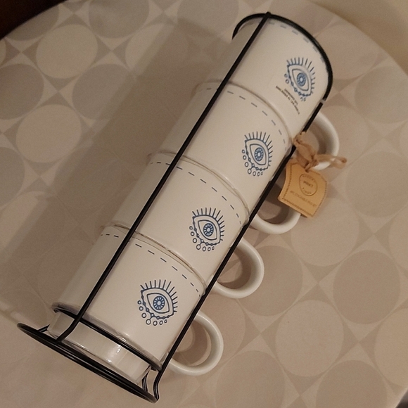 Stackable White and Blue Evil Eye Mug Set With Metal Stand - Picture 4 of 8